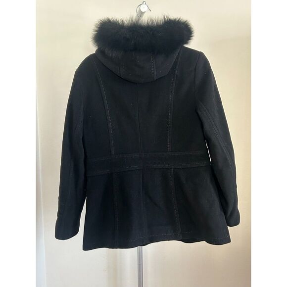 Sachi Women Jacket Virgin Cashmere Wool Fur Fox Hooded Coat Penny Lane M Black - Picture 2 of 4